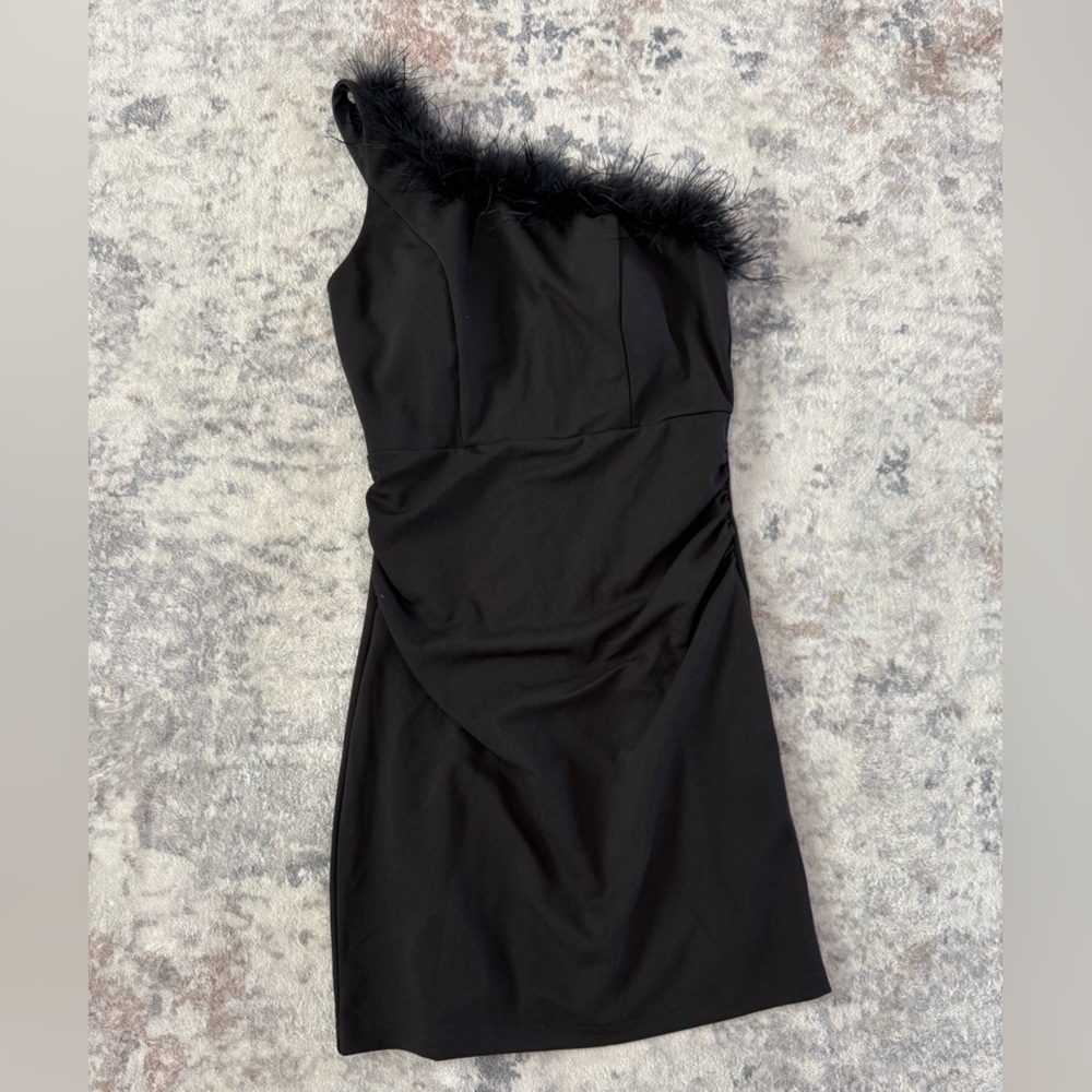 Black One Shoulder Dress with Feather Detail - Large